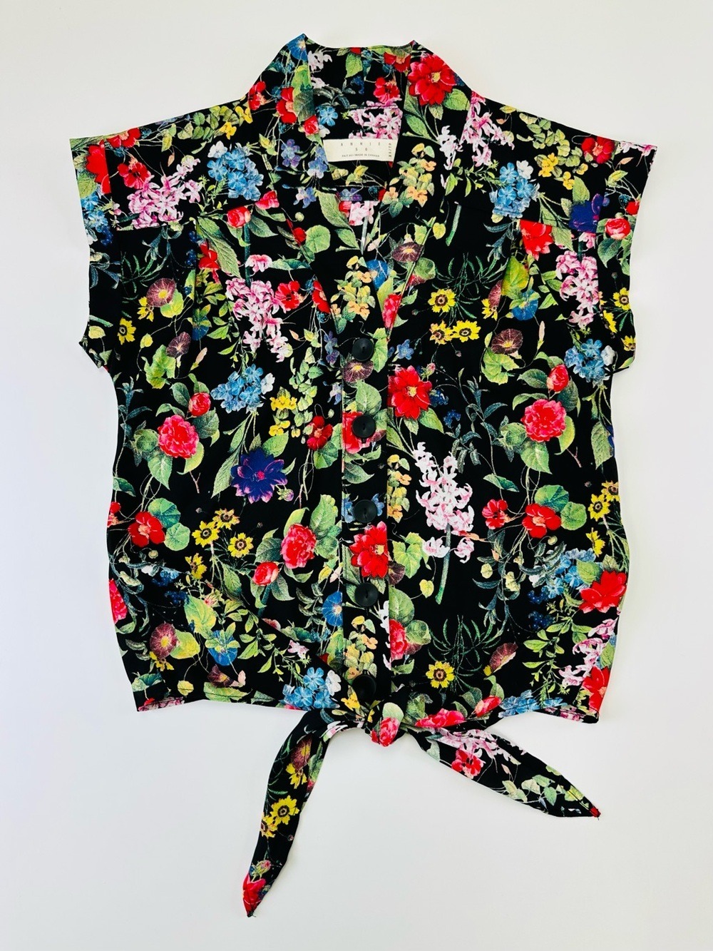 Annie 50 Floral Tie Front Blouse XS Black Made Canada VNeck Button Front Retro